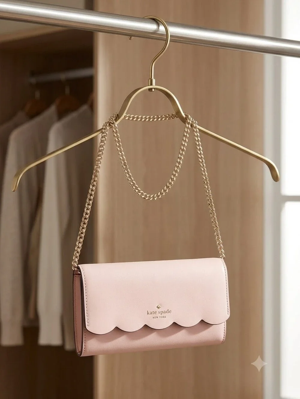 kate spade Blush Pink Scallop-Edge Leather Crossbody with Gold Chain~ NWT
